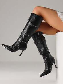 Women Winter Boots Knee High Buckle Kitten High Heels Luxury Elegant Fashion Design Halloween Shoes For Woman - 黑色 - 查看 5