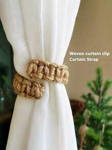 1/2pcs Set Solid Color Curtain Tie Backs, Bohemian Woven Design Curtain Tiebacks, Suitable For Bedroom Living Room Home Decor - Brown - View 1