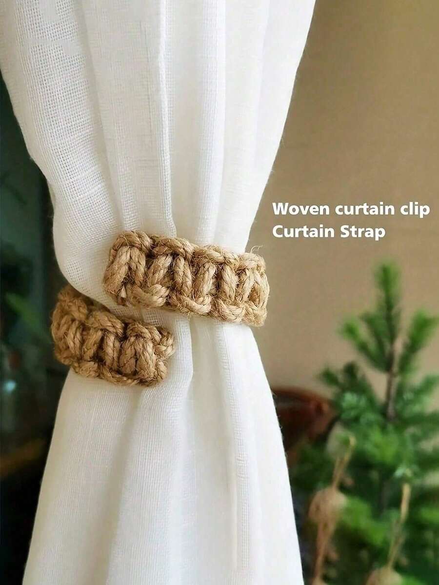 1/2pcs Set Solid Color Curtain Tie Backs, Bohemian Woven Design Curtain Tiebacks, Suitable For Bedroom Living Room Home Decor - Brown - View 1