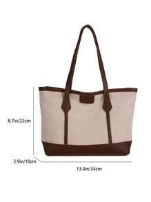 1 件棕色针织面料顺滑拉链时尚休闲拼布 2025 春夏新款小众大容量单肩托特包，适合女性日常使用 - 棕色 - 查看 3