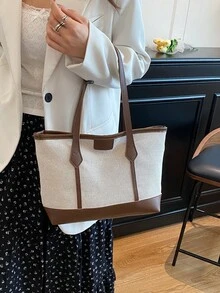 1 件棕色针织面料顺滑拉链时尚休闲拼布 2025 春夏新款小众大容量单肩托特包，适合女性日常使用 - 棕色 - 查看 9