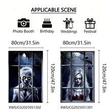 2 Halloween Horror Window Decoration Flags - Ghost House Design, 31.5 "X47.3" Large Size Polyester Fiber Indoor And Outdoor Hanging Decoration, Bloodstained Ghost Pattern, Reusable Weather Resistant, High Quality Printing, 2D Plane, Suitable For Party Door Decoration, Weird Theme, Halloween Home Decoration