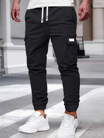 1pc Teen Boys Ployester Simple Front Lace-Up Pocket Cargo Pants, Casual Daily Wear, Spring,Summer & Autumn,Lightweig Style