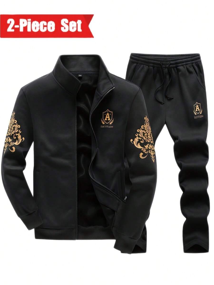 Men's Sportswear Set, Featuring A Long-Sleeved Full-Zip Sport Jacket With Embroidered Lettering And Coordinating Drawstring Athletic Pants, Designed For Both Outdoor Pursuits And Athletic Endeavors. - 黑色 - 查看 1