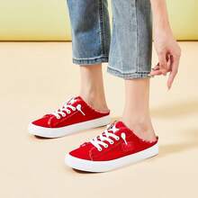 BENPAO Women's Slip On Sneakers Canvas Slip Ons Shoes Fashion Mules Womens Non Slip Loafers Casual Backless ShoesChristmas - Red - View 5