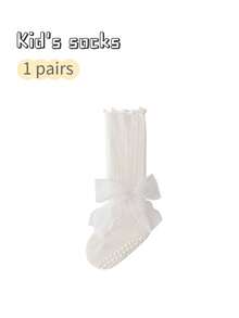 1 Pair Girls' Bow Decor Princess Mid-Calf Socks, Non-Slip Indoor Floor Socks, Toddler Socks, Spring/Autumn