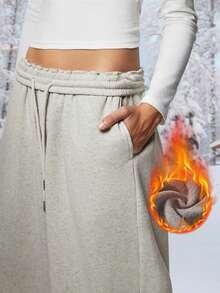 秋冬新款保暖内衬厚款休闲百搭高腰松紧腰宽松阔腿运动裤 - 灰色 - 查看 6