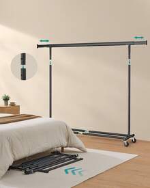 Portant à Vêtements avec Roulettes, Tringle Extensible pour Charge Lourde, Porte-manteau, Capacité de Charge 150 kg, 45 x (160-200) x 161,5 cm, Montage Facile, Noir - Noir - Voir 5