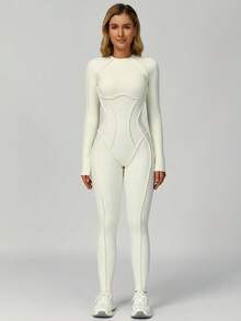 MASKERT 女士运动服瑜伽服连体裤跑步运动健身服高弹瑜伽服居家休闲舒适亲肤 - 奶油白 - 查看 4