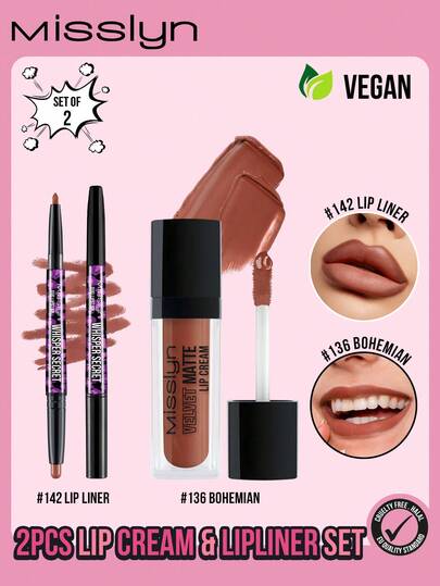  MISSLYN 2支装唇膏唇线笔套装，丝绒哑光唇膏，轻盈持久高显色配方，丝绒般柔滑妆效，高饱和度哑光色彩，滋润保湿，Whisper Secret双头唇膏，Uo唇膏唇线笔二合一，哑光双头唇线笔