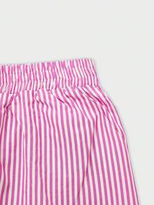 2pcs/Set Women Striped Pants And Striped Front Tie Ruffle Hem Crop Top, Pink - Pink - View 7