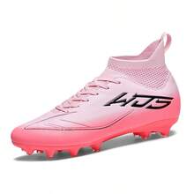 1 Pair Sports Style Anti-Slip Durable High-Top Football/Soccer Shoes, AG Studs Design, PU Leather Upper, Colorful, Rubber Outsole, Professional Match Shoes Suitable For Muddy, Short Grass Fields - Pink - View 3