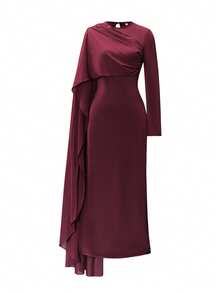 Đầm maxi dáng đuôi cá sang trọng, tay dài bằng satin, phối vạt trước xếp ly, màu đỏ tía, thích hợp cho tiệc cưới, tiệc tối của Unadoll dành cho nữ, mùa xuân hè. - Màu Đỏ Sâu - Xem 3