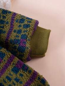 1 pieza Sudadera con capucha informal para niños, verde militar con estampado total, forro polar, bolsillos, otoño/invierno