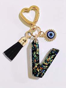 1pc Black Initial Keychain, Black Tassel Pendant, Evil Eye Fashion Keychain, Alphabet Keychain Backpack Charm, Keychain For Women And Girls, Exquisite And Small, Fashionable And Simple, Wallet And Handbag Accessories, Tassel Keychain, Alphabet Initials A-Z, Suitable For Commuting, Studying, Vacation