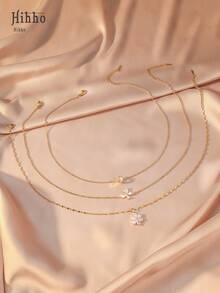 Hihho 3pcs Fashionable Casual Sparkling Cubic Zirconia Flower, Butterfly, Waist Design Necklace Set, Creative Gift For Women, Party - Yellow Gold - View 3