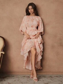 Savoree Váy voan satin tay đèn lồng họa tiết hoa màu hồng dáng chữ A, nhún bèo eo thanh lịch dành cho nữ, mùa xuân/lễ Phục sinh - Xem 4