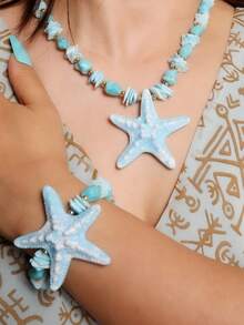 3 Peças Conjunto de Colar e Brincos com Conchas Brancas Estilo Praia, Pedra Natural, Pérola Falsa e Estrela do Mar para Mulheres, Perfeito para Férias na Praia, Festas e Presente do Dia das Mães - Estrela - Visão 2