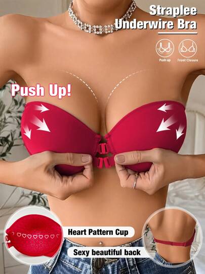 Strapless Bra Front Closure Push Up Bras For Women Heart Pattern Cup Backless Invisible Strapless Underwear Sexy Lingerie With Adjustable Straps Tube Top Great For Backless Dress Non-Slip Anti-Exposure Underwire Bra
