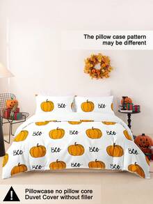 Bộ 3 vỏ chăn in kỹ thuật số hình bí ngô ma dễ thương Halloween (1 vỏ chăn & 2 vỏ gối) Bộ chăn ga trải giường mềm mại và thân thiện với da cho gia đình, Bộ ga trải giường cho mọi mùa Quà tặng Halloween - Nhiều màu - Xem 4