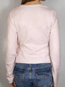 Women's Wrap Front Deep V Neck Sweater - Long Sleeve Side Tie Cropped Slim Fit Knit Top - 粉色 - 查看 4