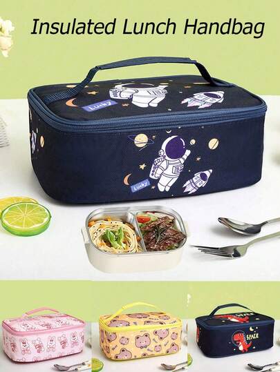 Cartoon Print Insulated Lunch Tote Bag, Cartoon Astronaut Animal Pattern Insulated Lunch Box Portable Lunch Bag For Students And Office Workers, Lightweight Zipper Lunch Bag, Suitable For Picnic, Work And School! Lunch Box Lunch Bag For Women, School Lunch Box