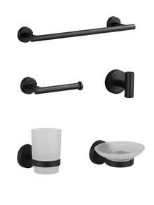 Juego de colgadores de almacenamiento para baño - Kit de colgadores para baño - Toallero de acero inoxidable negro - Gancho multifuncional - Estante para papel higiénico - Vaso de lavado de vidrio - 1 pieza