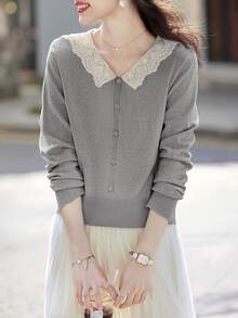 Women's V-Neck Long Sleeve Lace Trim Slim Fit Pullover Sweater