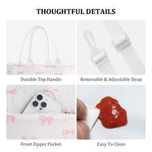 1 Piece Cute Floral&Bow Pattern Insulated Lunch Box Portable Lunch Tote Bag With Handle Corduroy Lunch Bag With Cherry Print Zippered Lunch Handbag With Woven Rope Decor Large Capacity Food Storage Bag With Compartment Suitable For Picnic, School, Office, Camping Suitable For Students, Teachers, Office Workers, Family Good Choice For Teacher's Day Gifts, Mom Gifts, Children's Day Gifts Back To School School Stuff Bag For School Lunch Bag For Women Cooler Bag Picnic Accessories, Home Decor, Party & Christmas Storage - 蝴蝶結 - 查看 5