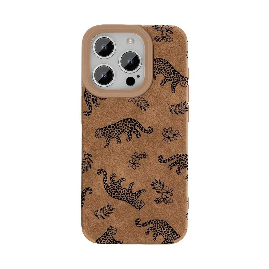Aplicable a 16 Pro/15/14 Plus/13/12/11 Funda protectora retro de piel sintética para teléfono móvil, color marrón ciervo, patrón de guepardo negro, nuevo diseño de moda, carcasas suaves de alta calidad para hombres y mujeres. - Colores mixtos 1 - Ver 1