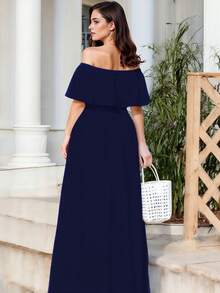 Vestido Largo de Escote Recto y de Hombros Descubiertos con Volantes, y Bajo con Abertura Lateral Elegante para Mujer - Azul Marino - Ver 2