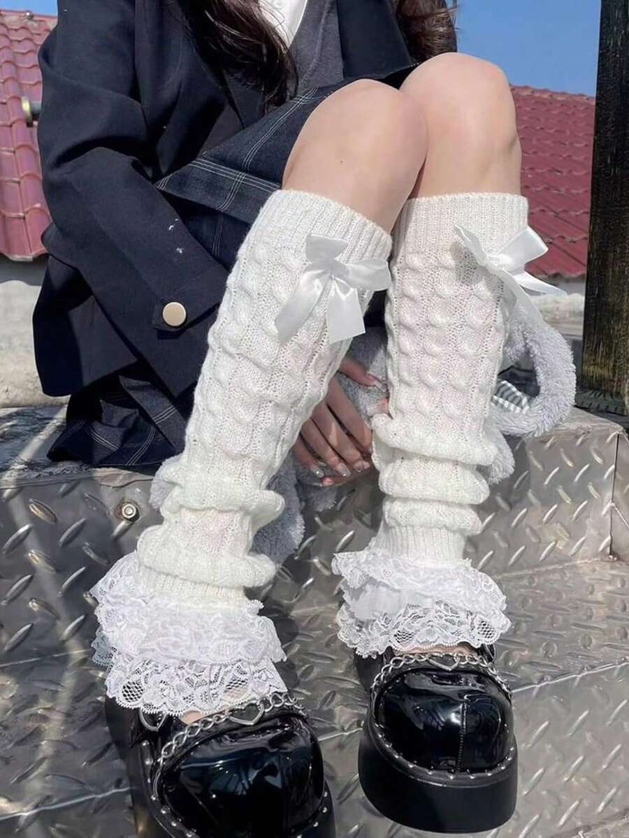 1双女士黑色洛丽塔蝴蝶结蕾丝边扭结腿套，舒适保暖 - 黑色 - 查看 1