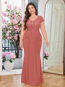 Plus Deep V-Neck Sequin Lace Contrast Ruched Draped Front Mermaid Hem Evening Party Formal Dress - Dusty Pink - View 3