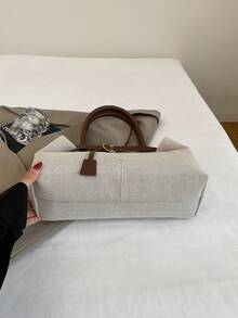 1 chiếc túi tote vải bố ghép mảnh màu nâu cà phê, dung tích lớn, trang trí quai đeo, túi đeo vai nữ, túi đi biển. - Cà phê nâu - Xem 5