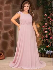 Plus Ruffle Trim Backless Ruched Chiffon Dress - Baby Pink - View 1