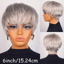 Chic Silver Grey Pixie Cut Brazilian Human Hair Wig 6" Short Straight Layered Hair Glueless Wig With Bangs 150% Density Daily Wear Wig For Women Holiday Wear Party Wear - 灰色 - 查看 4