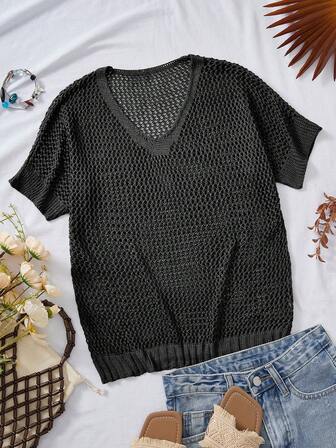 【上衣】优雅纯色V领时尚宽松针织镂空设计短袖毛衣欧美风女百搭单品