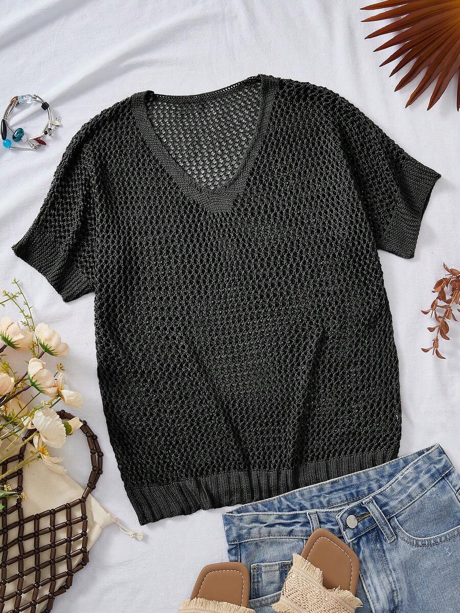 [Tops] Elegante suéter de punto holgado con cuello en V de unicolor, diseño calado, manga corta, estilo europeo y americano, para mujer, elemento versátil