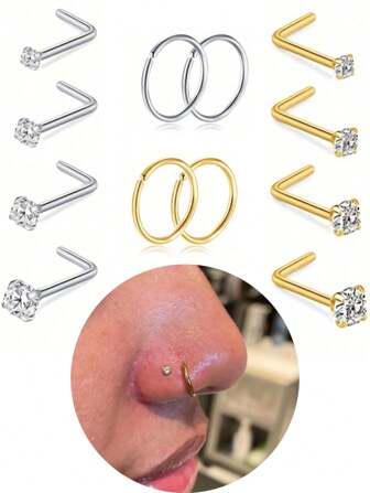 6-12pcs Nose Rings Hoops Studs 20G L Shaped Nose Studs 1.5mm 2mm 2.5mm 4mm Cubic Zirconia Small Silver Gold Hypoallergenic Nose Piercing Jewelry For Women Men