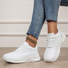 Tênis Feminino Plus Size De Cano Baixo, De Branco, Com Cadarço, Para Atividades Ao Ar Livre, Tênis De Corrida Casual Antiderrapante E À Prova D'Água, Adequados Para Primavera, Outono E Todas As Estações - Branco - Ver 8