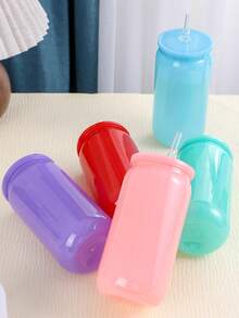 1PC/6pcs Colorful Plastic Cups With Lids And Straw PET Can Replacement For Water Bottle Shaped Cute Tumbler Drinking Plastic Cups For Party, Coffee, Milk Outdoor Sippy Cup Simple