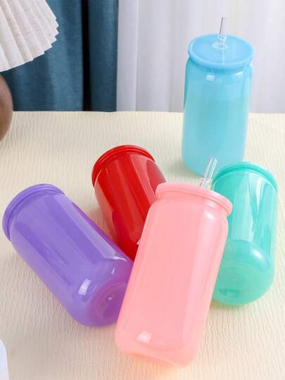 1 pieza/6 piezas Vaso de plástico colorido con tapa y pajita, material PET, puede reemplazar a la botella de agua, diseño lindo, adecuado para fiestas, café, bebida de leche, vaso con pajita para exteriores, estilo minimalista