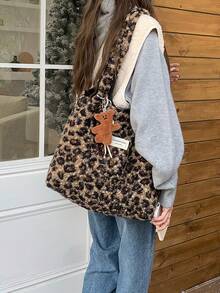 FRIFUL Bolso de mano de peluche de estampado de leopardo para mujer, nueva llegada del otoño 2025, estilo para ir al trabajo y al campus, bolso de hombro de gran capacidad, bolso de piel sin colgante - Marrón - Ver 5