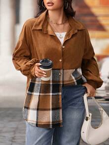 Plus Size Brown Plaid Coat Loose Casual Lapel Long Sleeve