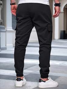 1pc Teenage Boys' Polyester Simple Front Tie Pocket Cargo Pants, Casual Daily Wear, Suitable For Spring, Summer, Autumn, Lightweight Style