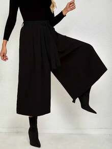 女士褶裥阔腿弹力腰休闲抽绳七分裤 - 黑色 - 查看 3