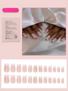 24片中号方形法式美甲贴纸，白色，饰以珍珠和串珠，线条艺术设计，优雅风格，全覆盖亮面假指甲，适合女性和女孩DIY美甲，夏季美甲用品 - 彩色 - 查看 2