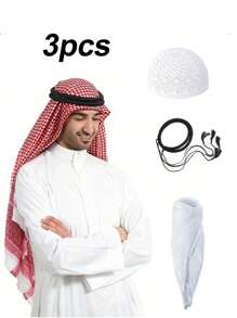 3-Piece Set Arabic Men's Headscarf, Middle East Dubai Shawl Scarf, Includes 1 Solid Bohemian Polyester Headband And 1 Hand-Knitted White Cap, Boho Style, Suitable For Middle East Travel/Arabic Outfit/Bohemian Fashion