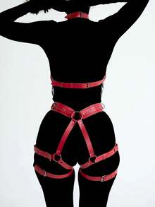 一套女士全身性感时尚腰带腰链束腰紧身胸衣吊袜带哥特风格，适合节日和派对 - 紅色 - 查看 2