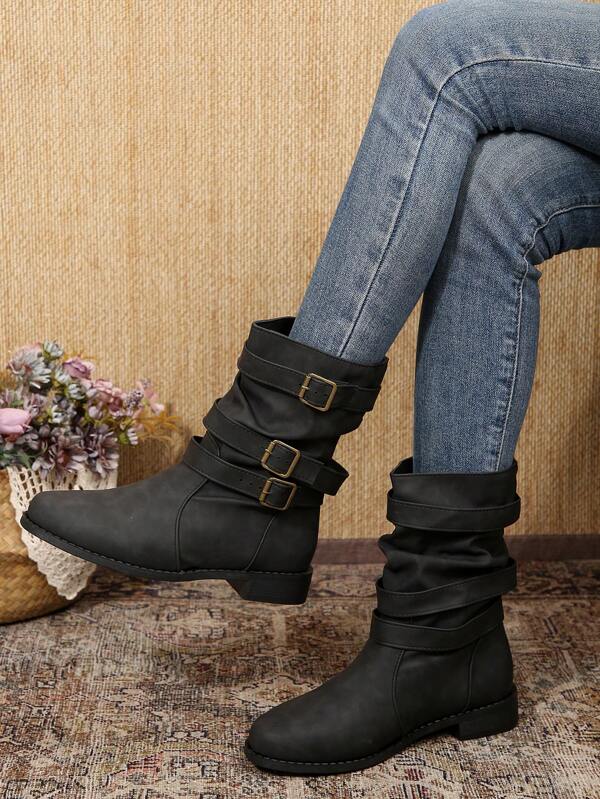 Herbst/Winter Neue Damen Schwarze Warme Stiefel, Modische Runde Zehenform Weiche Leder Reitstiefel, Western Stil Seitlicher Reißverschluss Stiefel